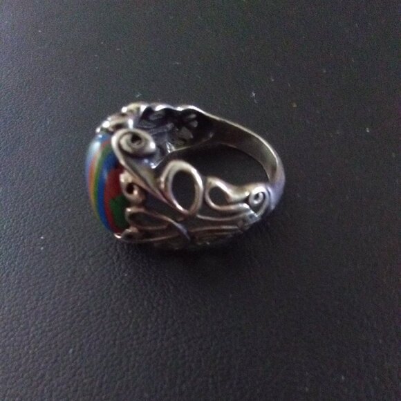Sterling Ring Sz 8 Rainbow Calsilica Cabochon 925 Vintage - Picture 8 of 8